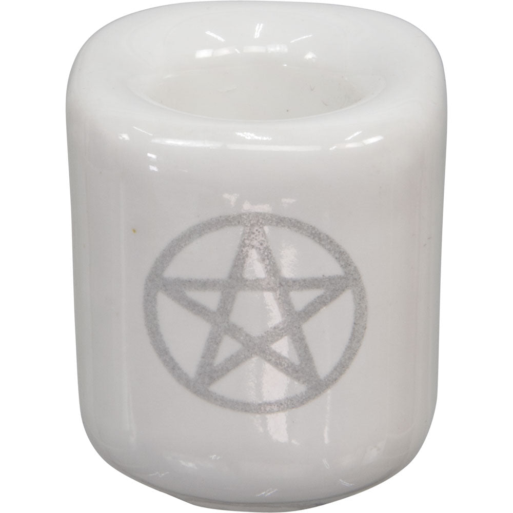 glossy white porcelain candle holder with silver pentagram