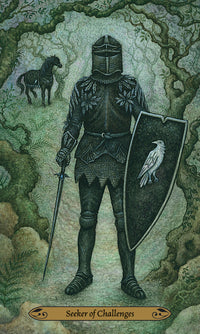 card labeled "seeker of challenges." image depicts a knight in black armor with a white bird on their shield. an armored black horse stands in the background.