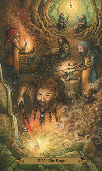 card labeled "the forge." image deicts a wooded cave where many people are working metal on anvils and tree stumps.