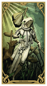 card labeled "the fool." a man in a wooden mask and white robe carrying a bindle. a dog is at his side.