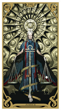 card labeled "justice." depicts a woman holding two plates as if she were a balanced scale.