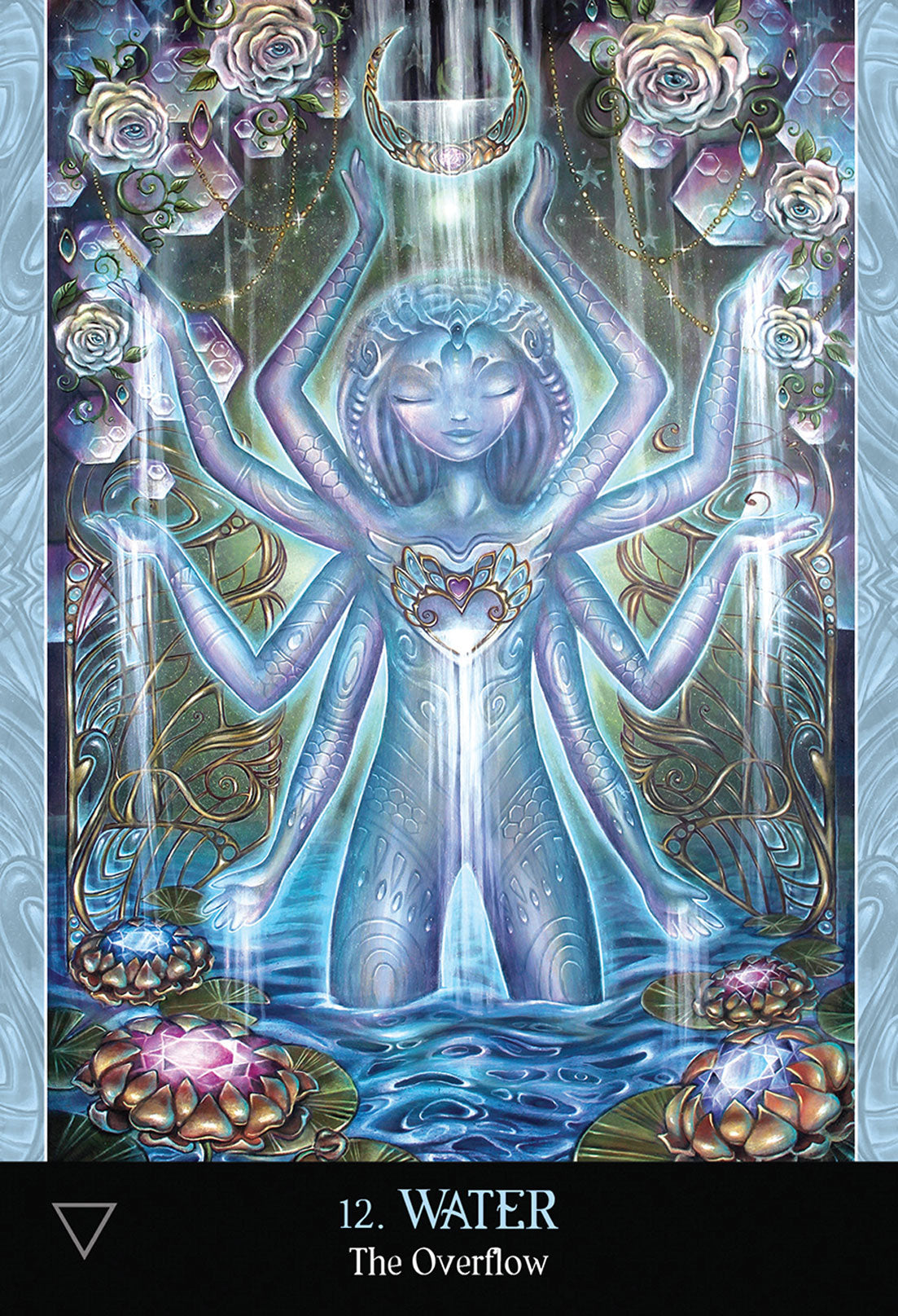 card labeled "water - the overflow." card depicts an eight-armed blue goddess. A crescent moon hangs above her head, and water is falling from her hands.