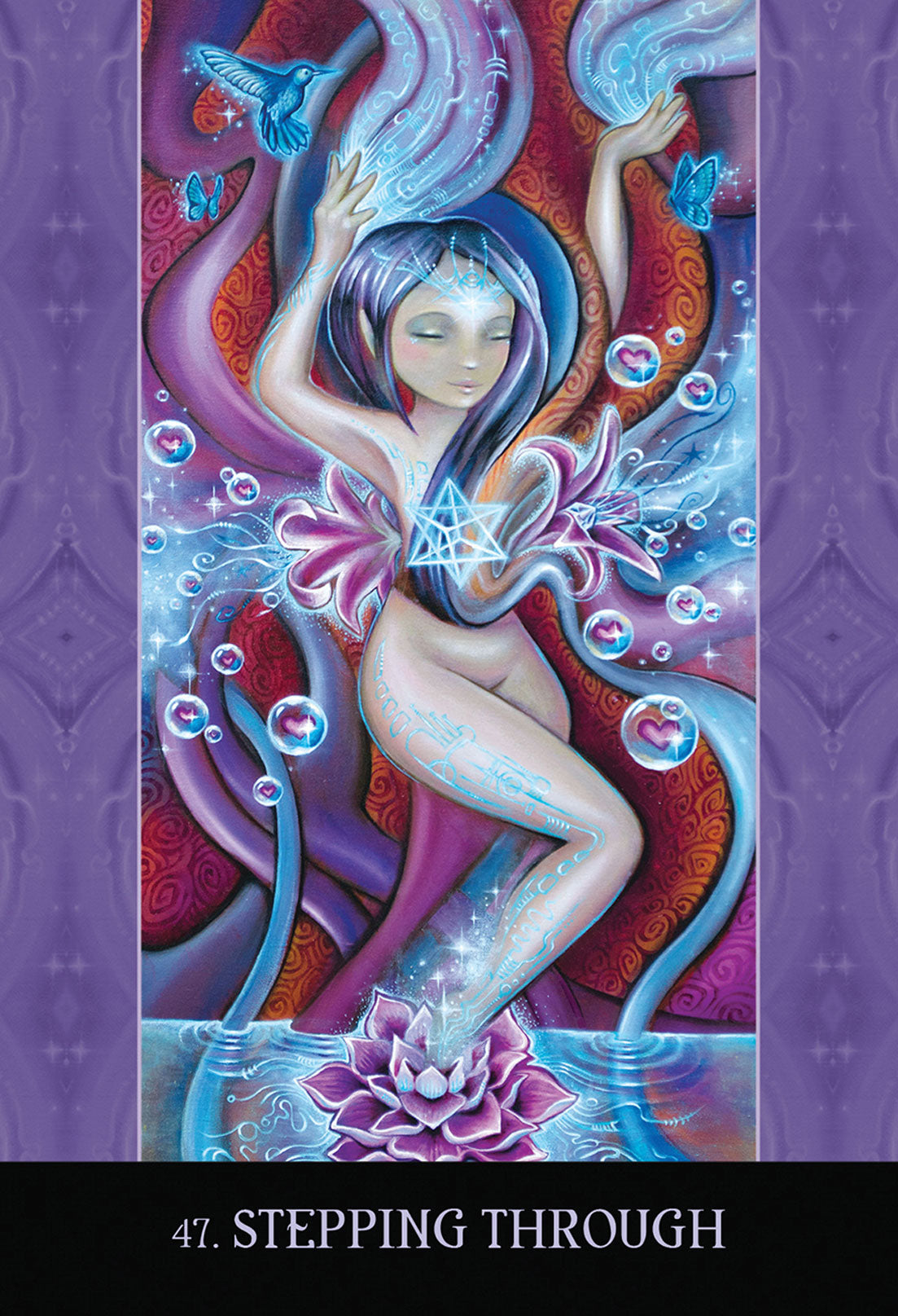 card labeled "stepping through." card depicts a nude woman with her hair covering her breasts walking through a body of water and pushing through flowering vines. She is standing on a lotus flower.