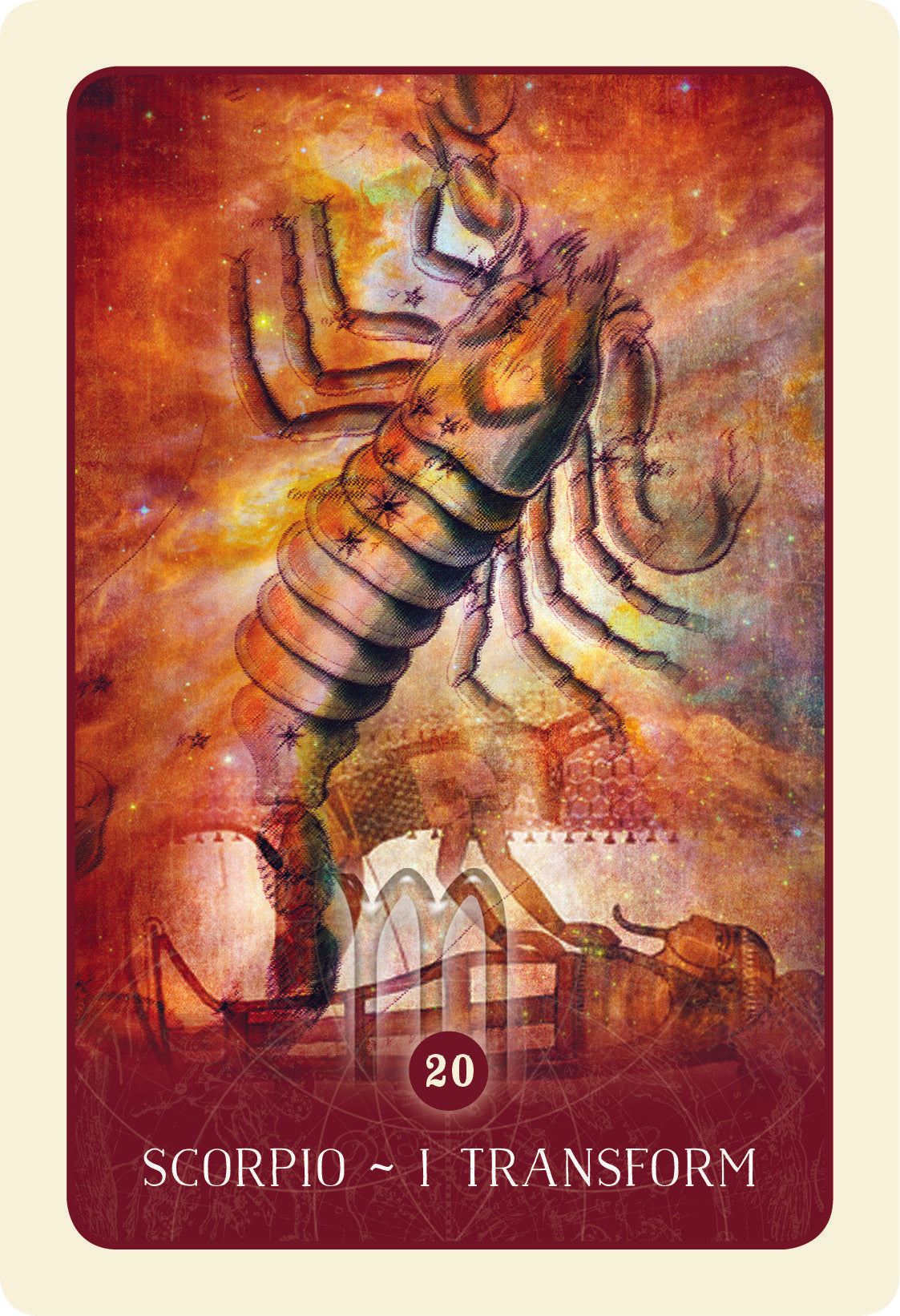 card labeled "scorpio - I transform." image depicts a large scorpion above an image of an egyptian mummification ceremony.