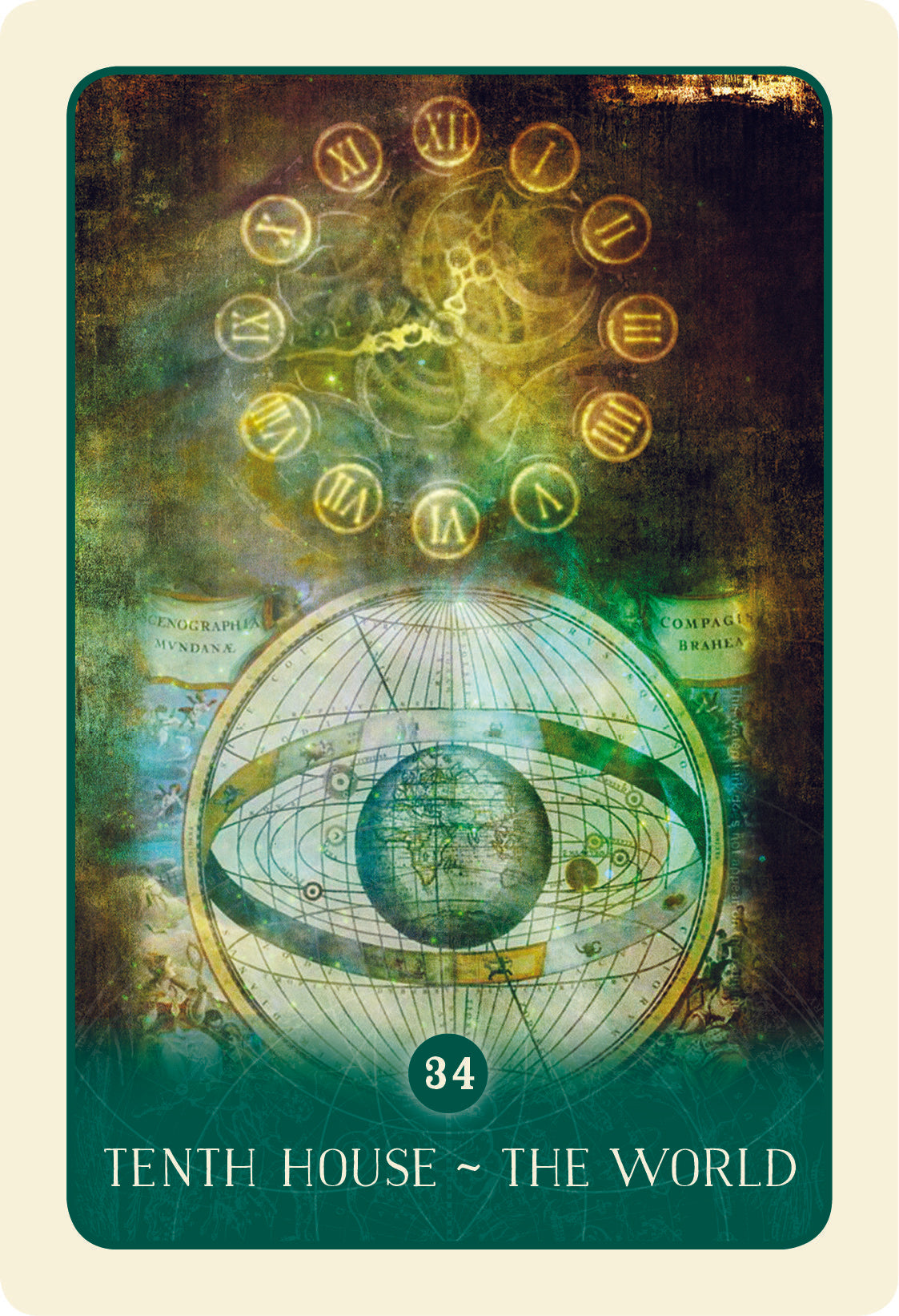 Card labeled " tenth house - the world." Image depicts an antique clock face at 12:44, and an old fashioned image of a globe.