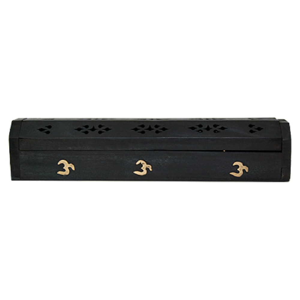 wood incense stick box with brass inlay of "OM" symbol