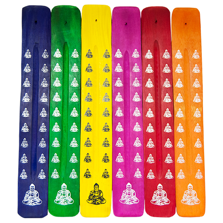 collection of incense ash catchers in multiple colors, painted with images of Buddha
