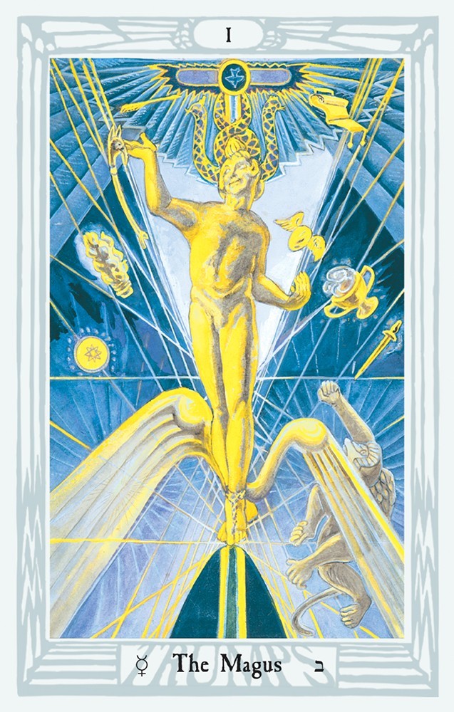 card labeled "the magus." image depicts a statuesque person surounded by magical tools, a cup, a wand, a sword, and a pentacle.