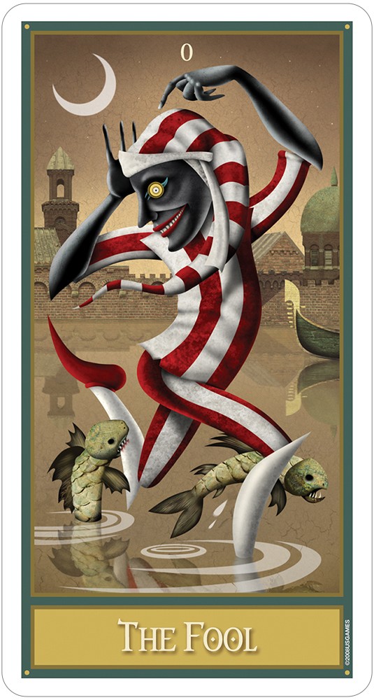 card labeled "the fool." image depicts a dark skinned man in red and white striped clothing walking through a river while fish jump at his feet.
