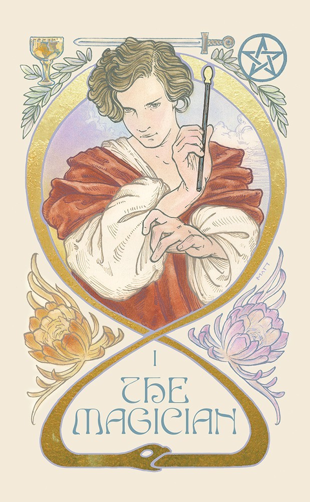 card labeled "the magician." image depicts a man in red and white robes holding a wand.