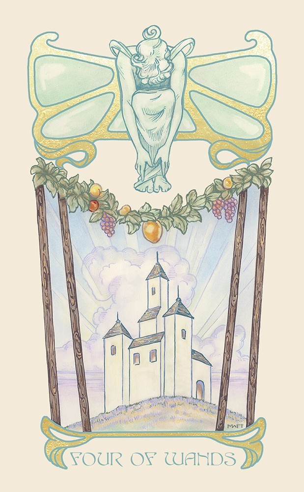 card labeled "four of wands." image depicts a bower held up by four sticks.