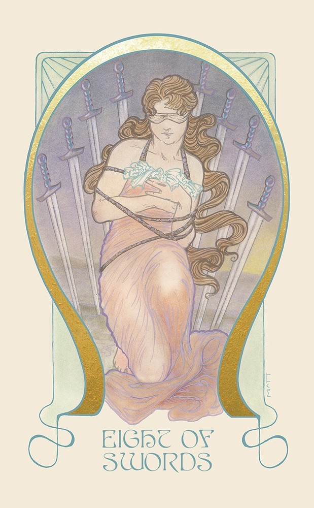 card labeled "eight of swords." image depicts a woman tied up with rope and blindfolded. She is surrounded by swords.