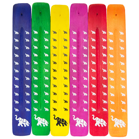 collection of incense ash catchers in multiple colors, painted with images of elephants