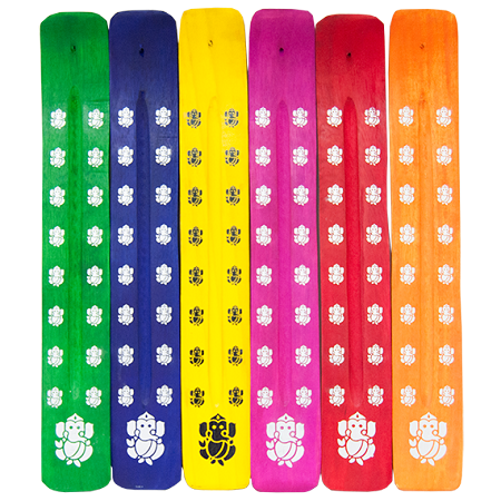 collection of incense ash catchers in multiple colors, painted with images of Ganesh