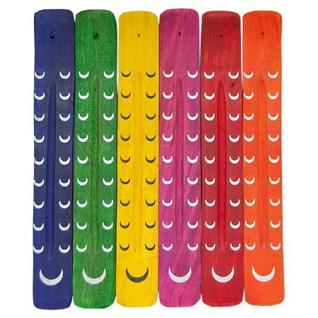 collection of incense ash catchers in multiple colors, painted with images of crescent moons