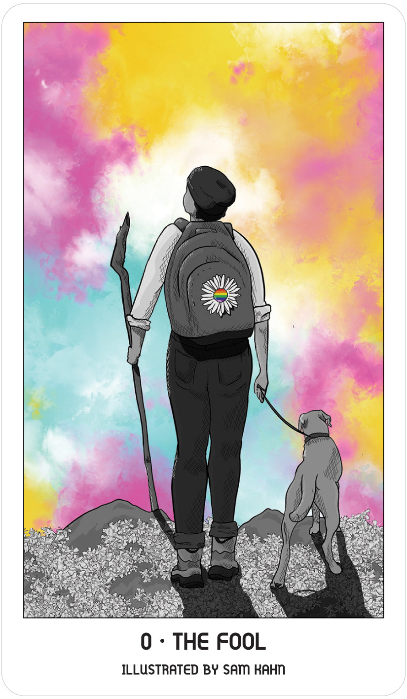 card labeled "the fool." depicts a person with a backpack and a dog on a leash walking towards the horizon.