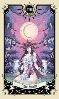 card labeled "the moon." depicts a woman in a flowing dress hip deep in water in a flooded village. the moon hangs above her
