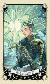 card labeled "king of swords." depicts man in gilded armor and a crown, holding a sword