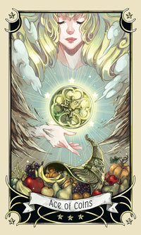 card labeled "ace of coins." depicts a large golden disk hanging over an overflowing cornucopia.