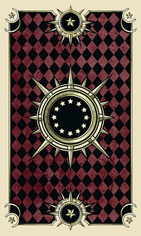 image of card back. red and black checkered field with a spiked circular symbol at the center