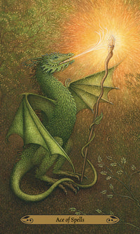 card labeled "ace of spells." card depicts a dragon blowing fire onto the end of a twisted wooden staff