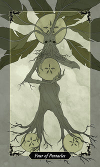 card labeled "four of pentacles." image depicts a humanoid tree creature holding four discs with five pointed stars on them.