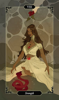 card labeled "strength." image depicts a dark-skinned woman in a white dress sitting cross legged in front of a rearing cobra.