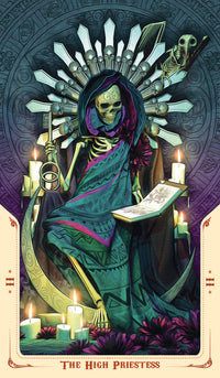card labeled "the high priestess." depicts a skeleton sitting on a throne holding a book. A skeletal bird sits at her shoulder