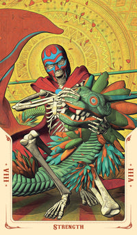 card labeled "strength." depicts a skeleton dressed as a luchador wresting a dragon-shaped alebrije