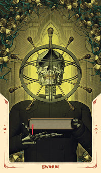 card labeled "nine of swords." depicts a skeleton holding a book, its skull surrounded by a spherical apparatus diggging swords into the skull