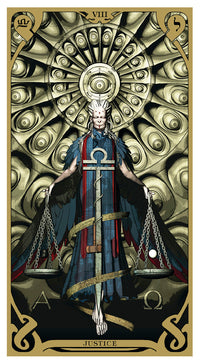 card labeled "justice." depicts a woman holding two plates as if she were a balanced scale. 