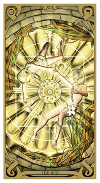 card labeled "the sun." depicts two faceless humans circling around a glowing golden orb adorned with runes.