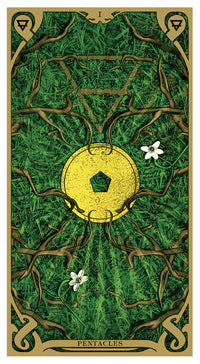 card labeled "ace of pentacles." depicts a holed chinese coin with roots and vines growing around it.