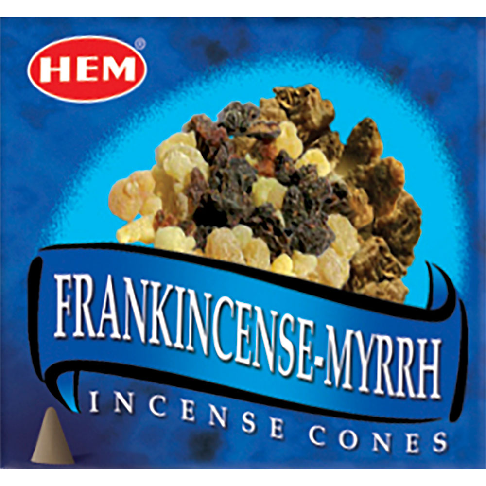 box of incense cones labeled "frankincense-myrrh"