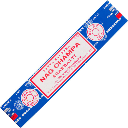box of incense sticks labeled "nag champa agarbatti."
