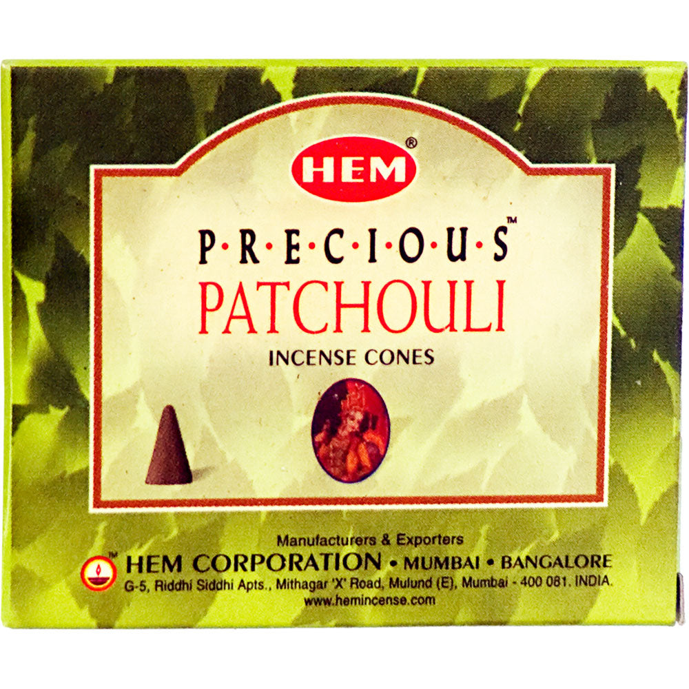 box of incense cones labeled "precious patchouli"