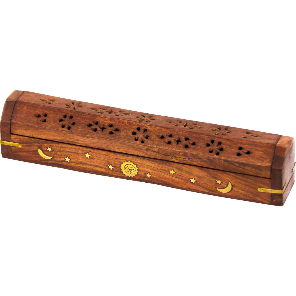 wood incense stick box with brass inlay