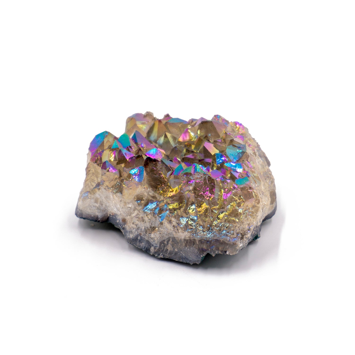 cluster of rainbow crystals growing on a gray stone