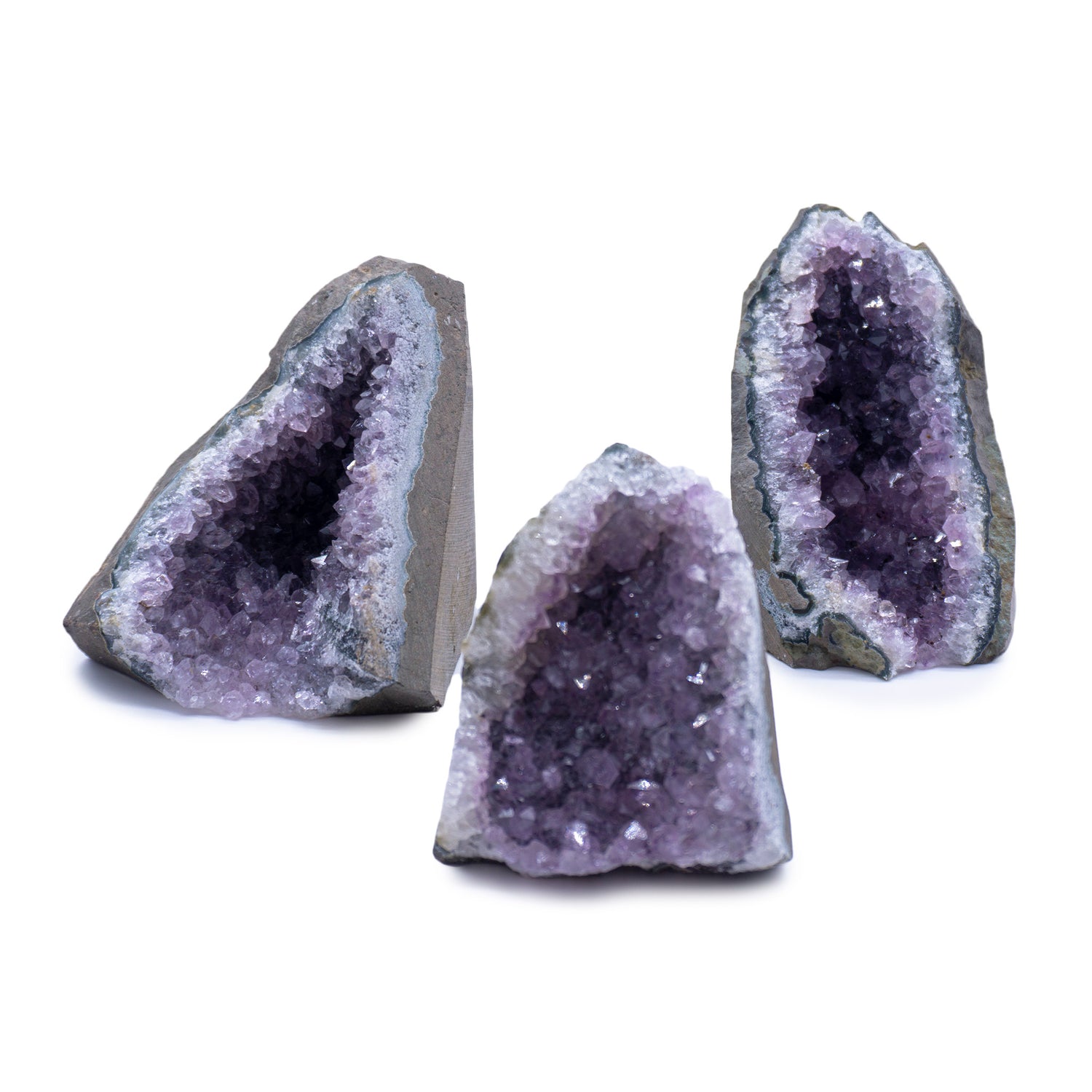 Group of three large amethyst geodes