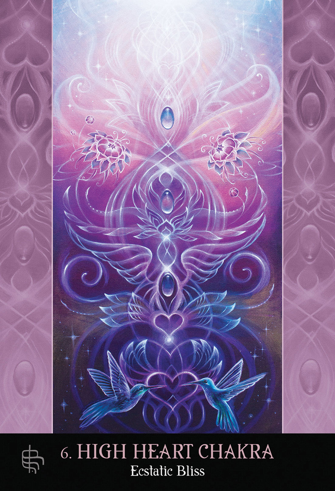 Card labeled "High Heart Chakra - Ecstatic Bliss." Card depicts a series of floral images representing the seven chakras