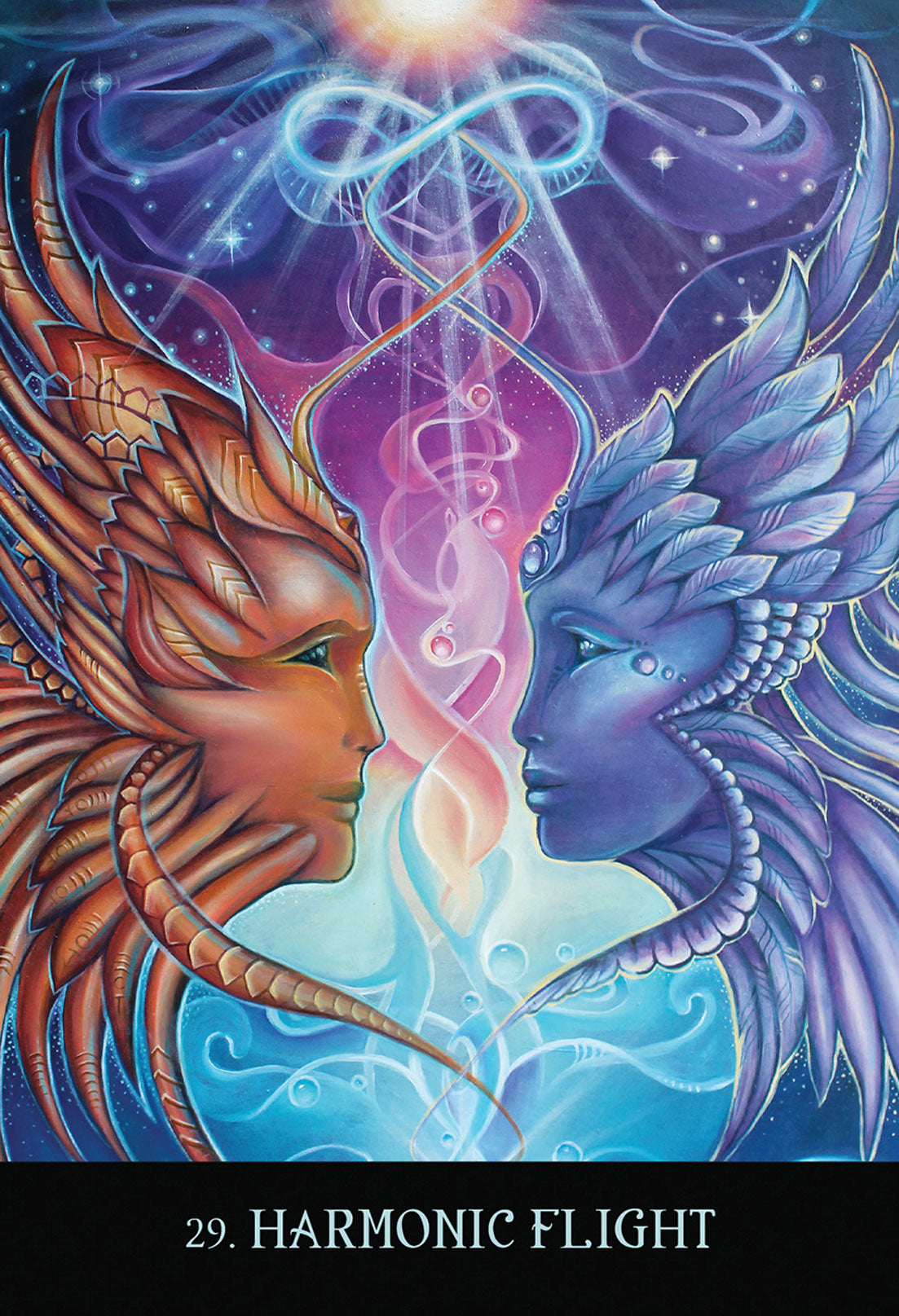 Card labeled "Harmonic Flight." Card depicts two faces, one covered in orange feathers the other in blue feathers, looking at each other longingly. Above them is a shining infinity symbol.