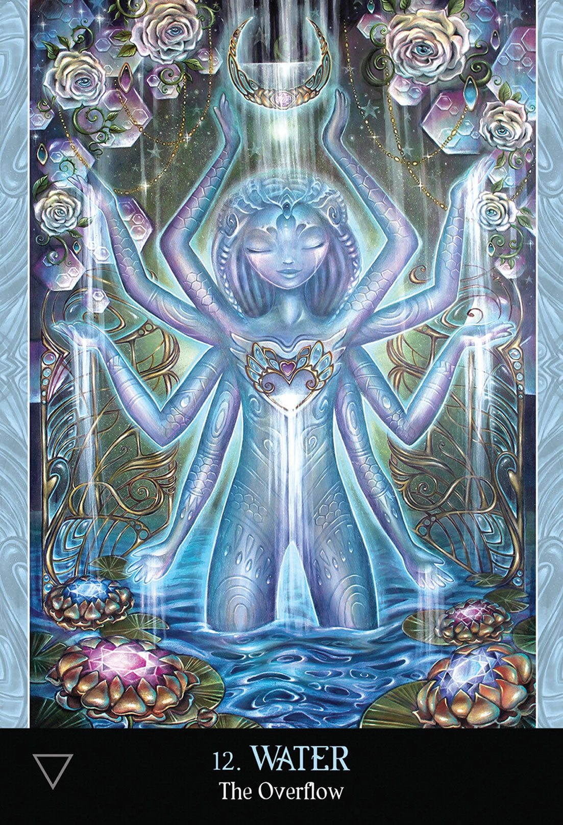 card labeled "water - the overflow." card depicts an eight-armed blue goddess. A crescent moon hangs above her head, and water is falling from her hands.