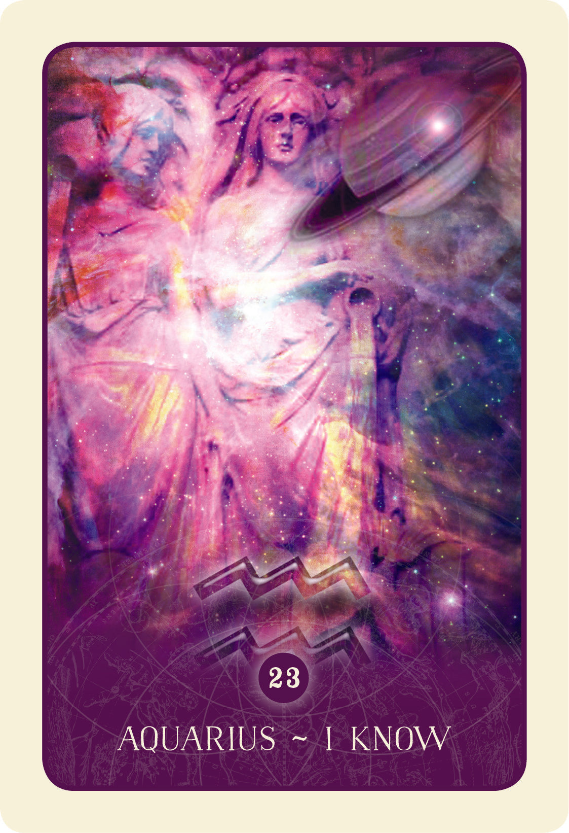 card labeled "aquarius - I know." Card depicts the astrological symbol for Aquarius, and a purple goddess figure next to the planet Saturn.