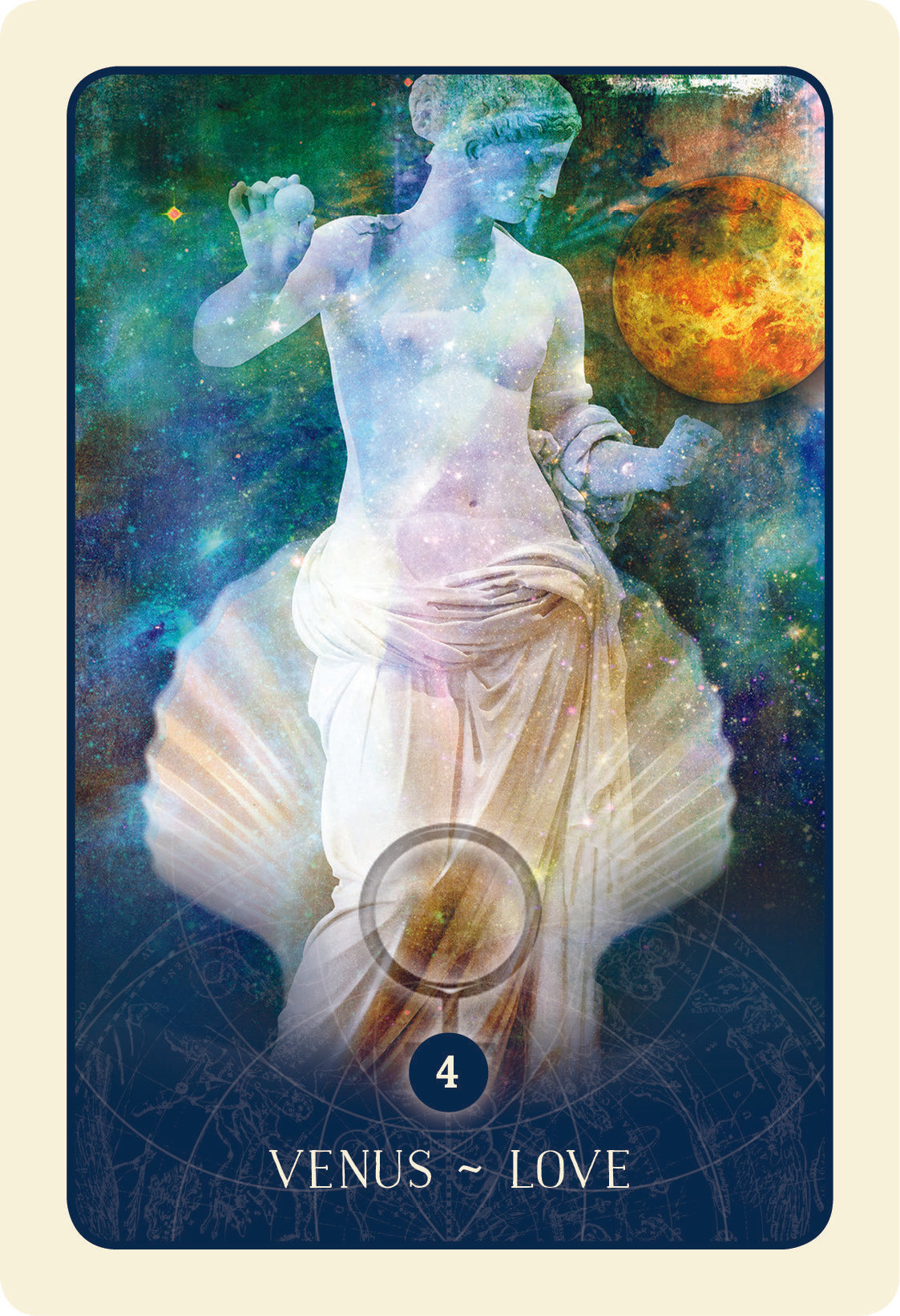 card labeled " venus - love." Image depicts the goddess Aphrodite holding the planet Venus in her hands. 