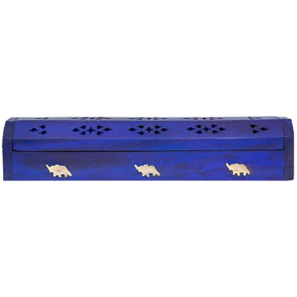 blue wood incense stick box with brass inlay of elephant