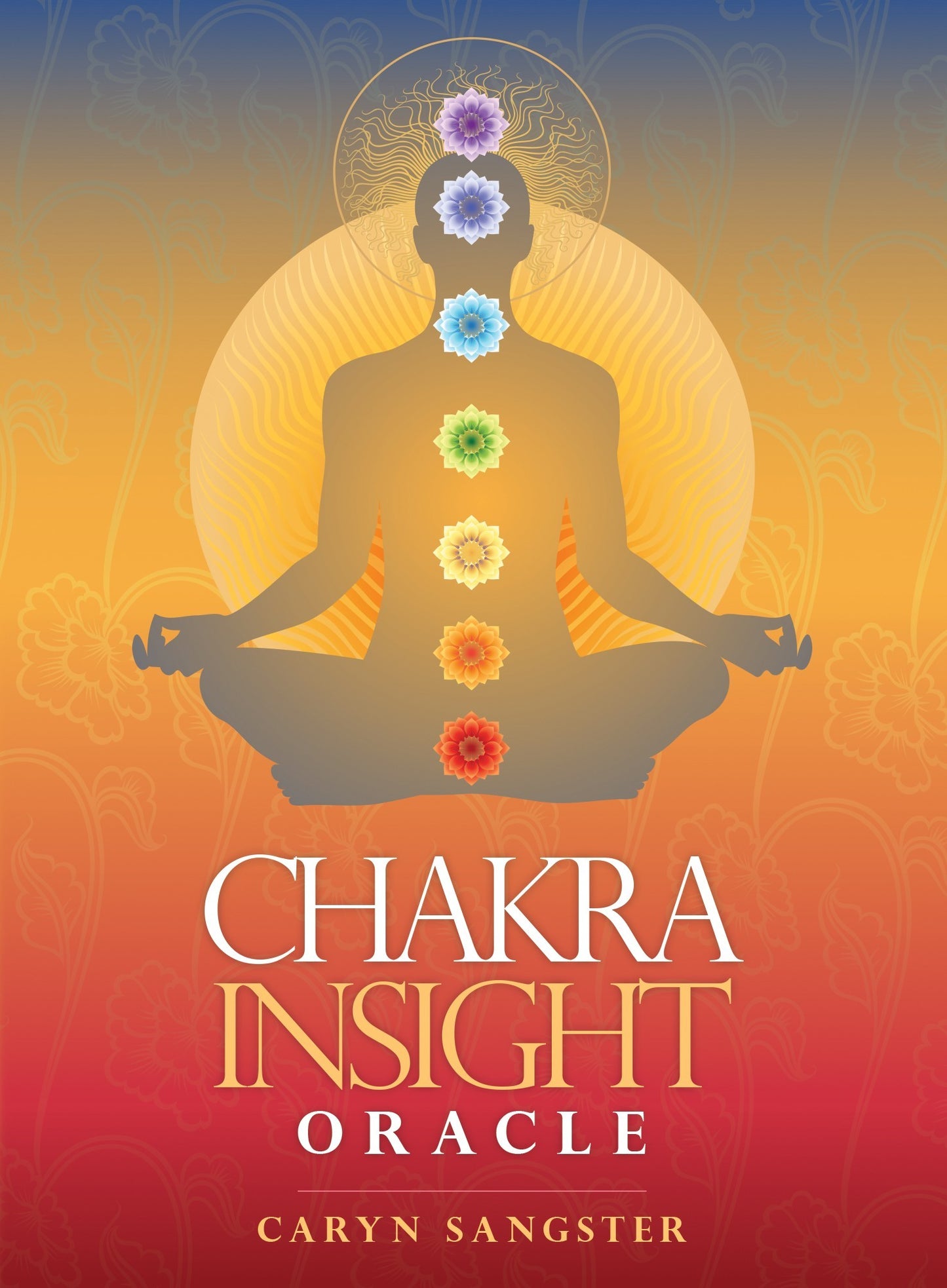 box labeled "chakra insight oracle, by caryn sangster." image depicts a silhouette of a person meditating with images of the seven chakras overlaid on their body.