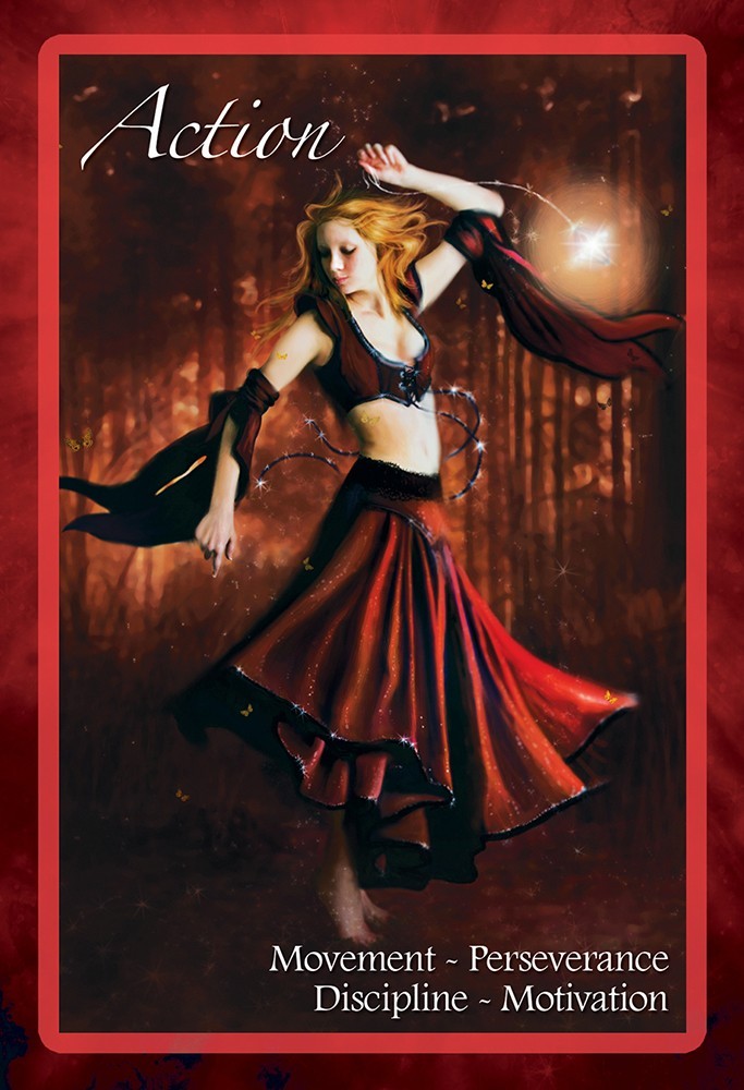 card labeled "Action." Image depicts a woman in a red skirt, red top exposing her midriff, and red arm wraps. She appears to be dancing