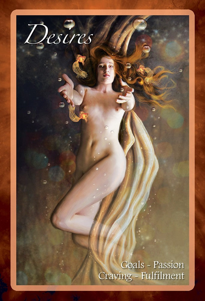 card labeled "desires." image depicts a nude woman lying on her back, reaching toward the viewer. 