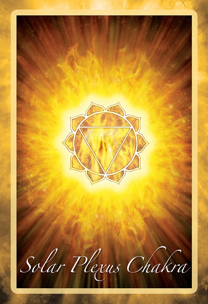 card labeled "solar plexus chakra." image depicts a symbol resembling a sunflower with a downward pointed triangle at its center.
