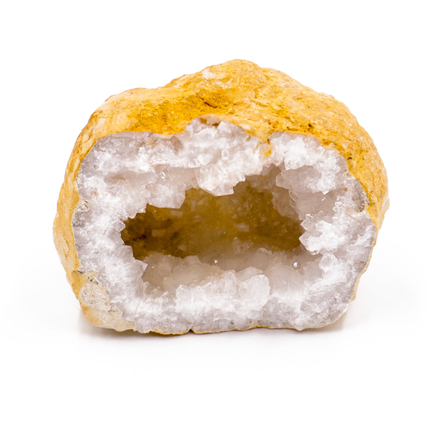 yellow stone cut in half to reveal a white crystal geode